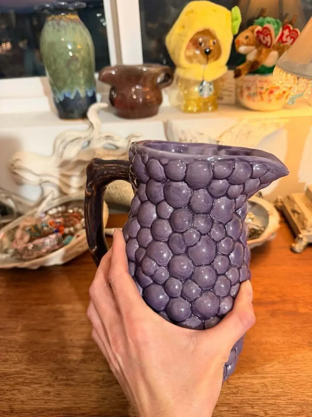 Jay Willfred Purple Grape and Green Leaf Majolica Ceramic Pitcher Jug